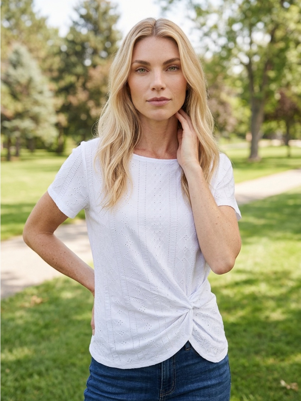 Counterparts Womens Small White Short Sleeve Front Twist Textured Eyelet Top $48